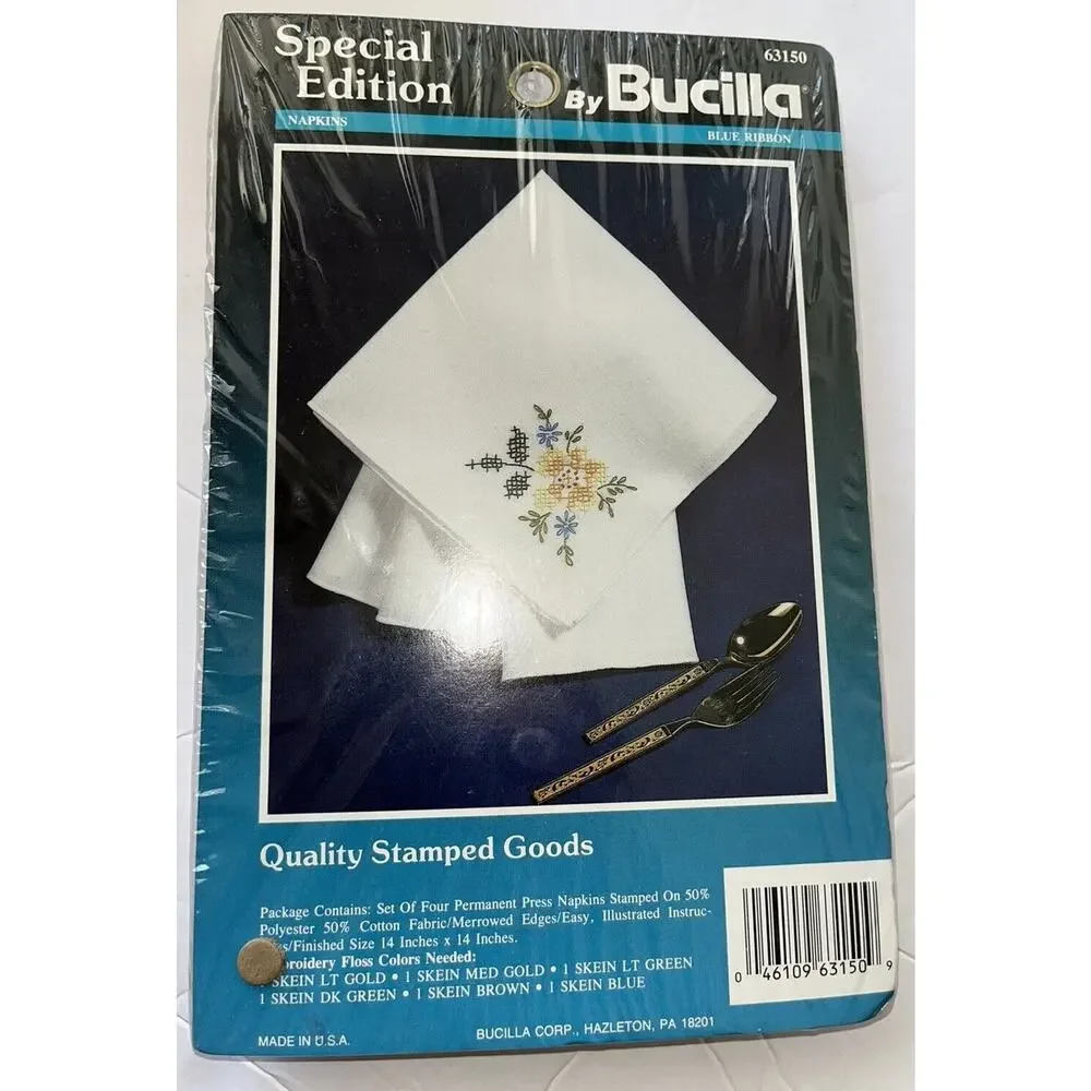 NWT Blue Ribbon Bucilla Special Edition Napkins #63150 Set of 4 floral embroider